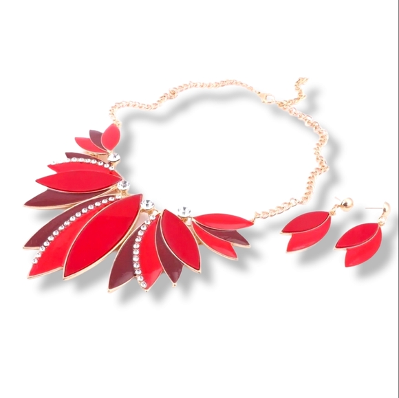 18K gold plated red crystal leaf necklace earrings set - Picture 4 of 12